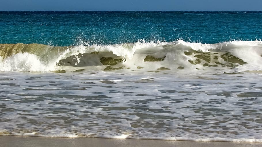 beach, sand, wave, blue, nature, shore, seascape, foam, spray HD wallpaper