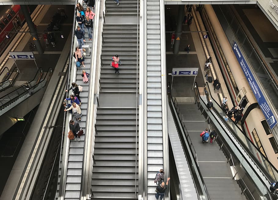 escalator, stairs, train, architecture, means of rail transport HD wallpaper