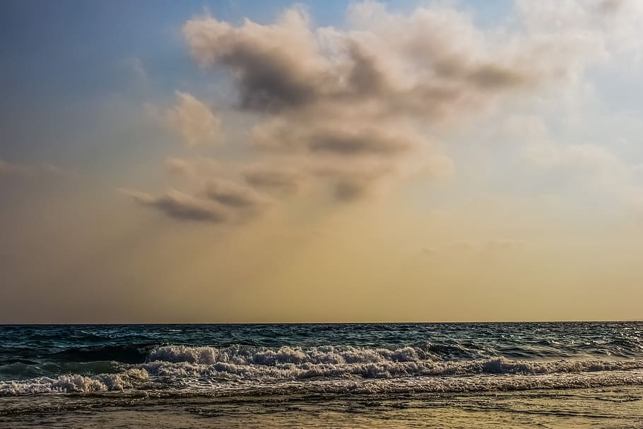 sea, sky, clouds, sunlight, sunbeam, afternoon, horizon, coast HD wallpaper