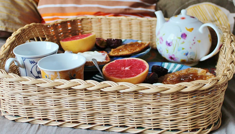 fruits and mugs on top of basket, breakfast, teapot, tray, woven HD wallpaper