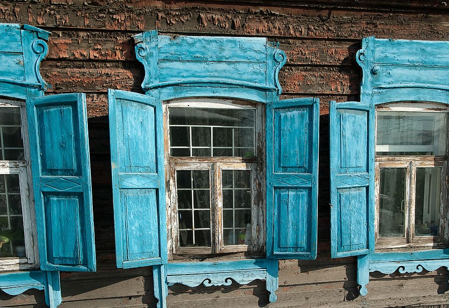 three open blue windowpanes, irkutsk, shutters, architecture HD wallpaper