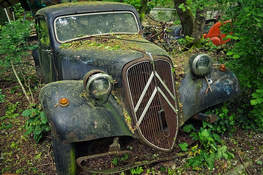 classic black car, auto, car cemetery, oldtimer, rust, stainless karre