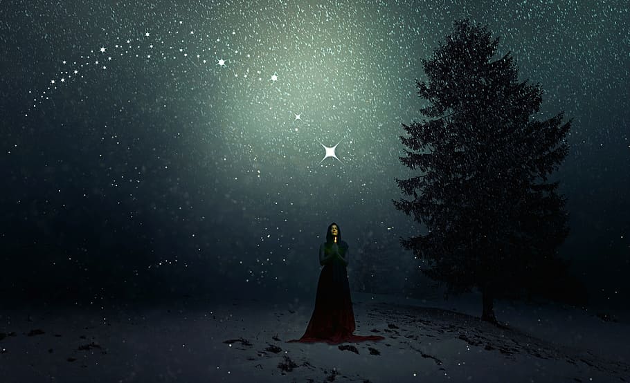 woman with dress digital wallpaper, winter, snowfall, sorceress
