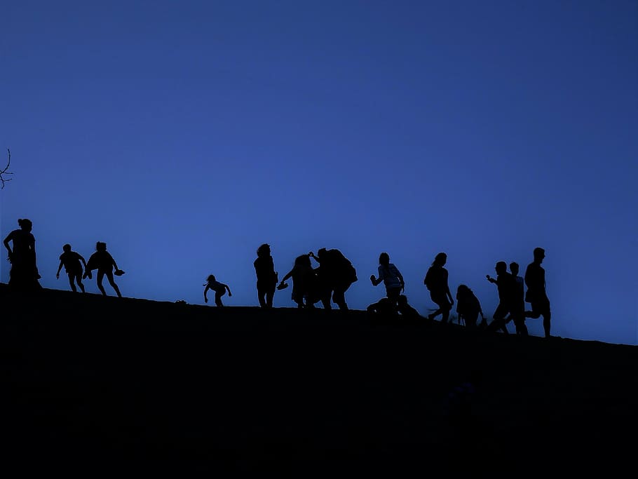 silhouette, shadow, sky, sunset, blue, human, people, group Of People HD wallpaper