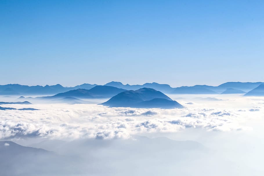 landscape photography of mountain, aerial, clouds, sky, blue HD wallpaper