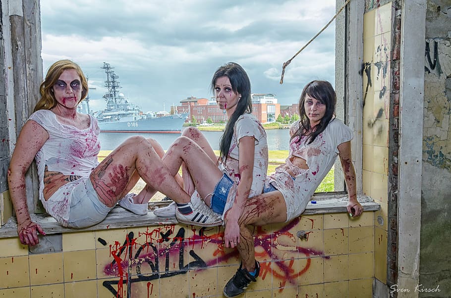 three women in white top sitting on window, zombie, undead HD wallpaper