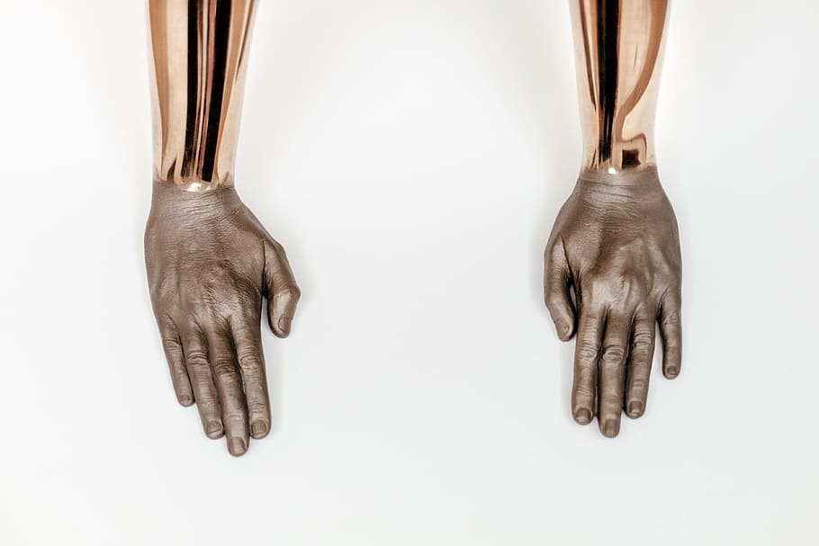 person covered with silver-colored paint, person's left and right hand HD wallpaper