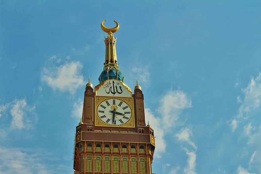 brown building with clock on top, mecca tower, saudi, quran, mekkah