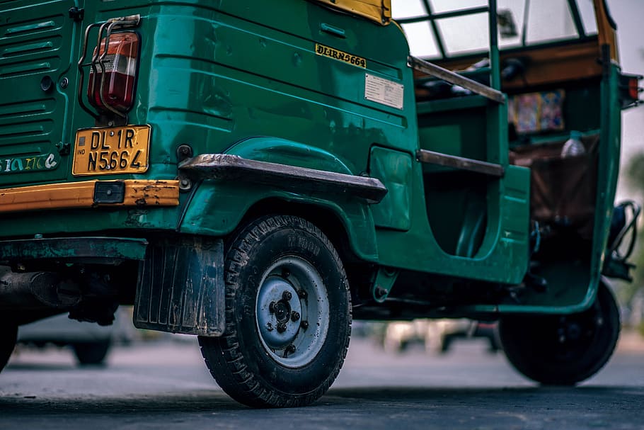 closeup photo of green and yellow auto rickshaw, Agra, Asia, Asian