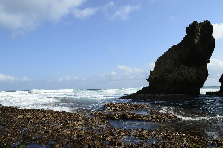 beach, nature, java, sea, rock, waves, coast, water, sky, rock - object HD wallpaper