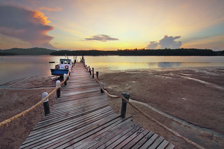 sea, nature, sky, sand, boat, clouds, dock, idyllic, ocean, pier HD wallpaper