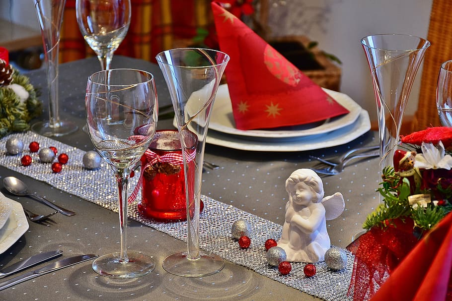 clear glasses on gray covered table, dining table, board, dining room HD wallpaper