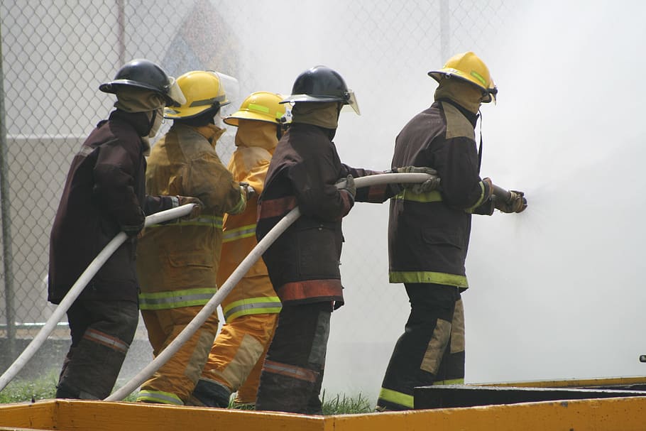 fire, brigades, hose, salvation, group of people, firefighter, HD wallpaper