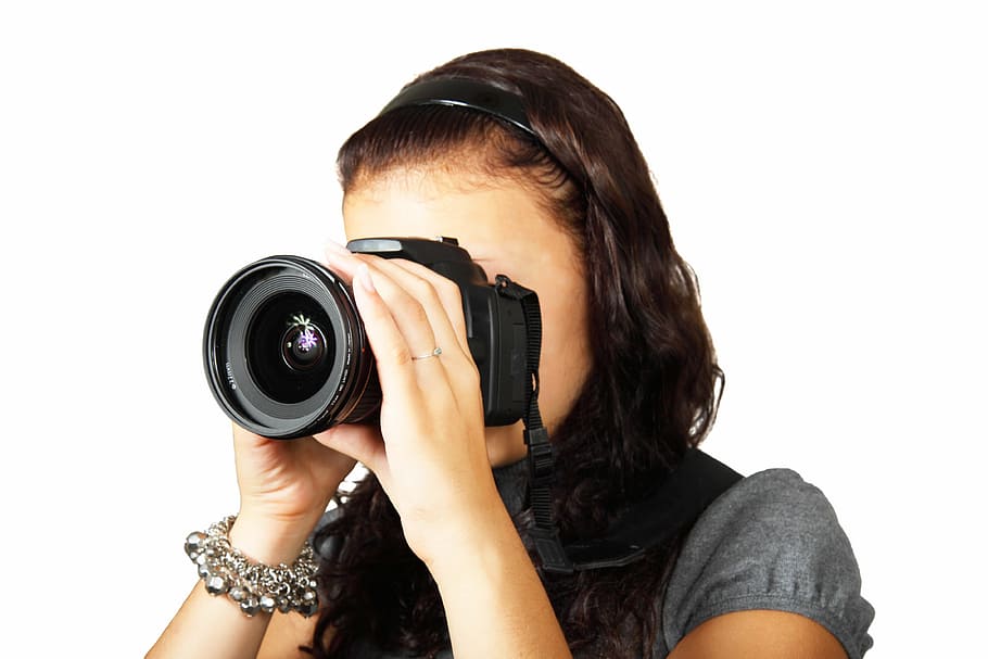 woman holding black DSLR camera, digital, equipment, female HD wallpaper