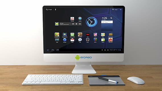 white Android flat screen computer monitor, pc, android pc HD wallpaper