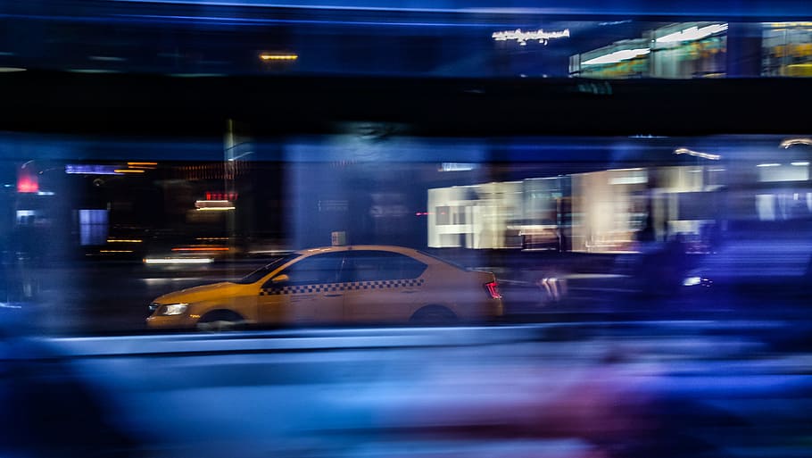 Yellow Taxi Sedan, architecture, auto, blue, blur, cab, car, city HD wallpaper