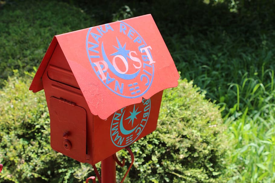 closed red metal mail post, mail box, red mailbox, communication HD wallpaper