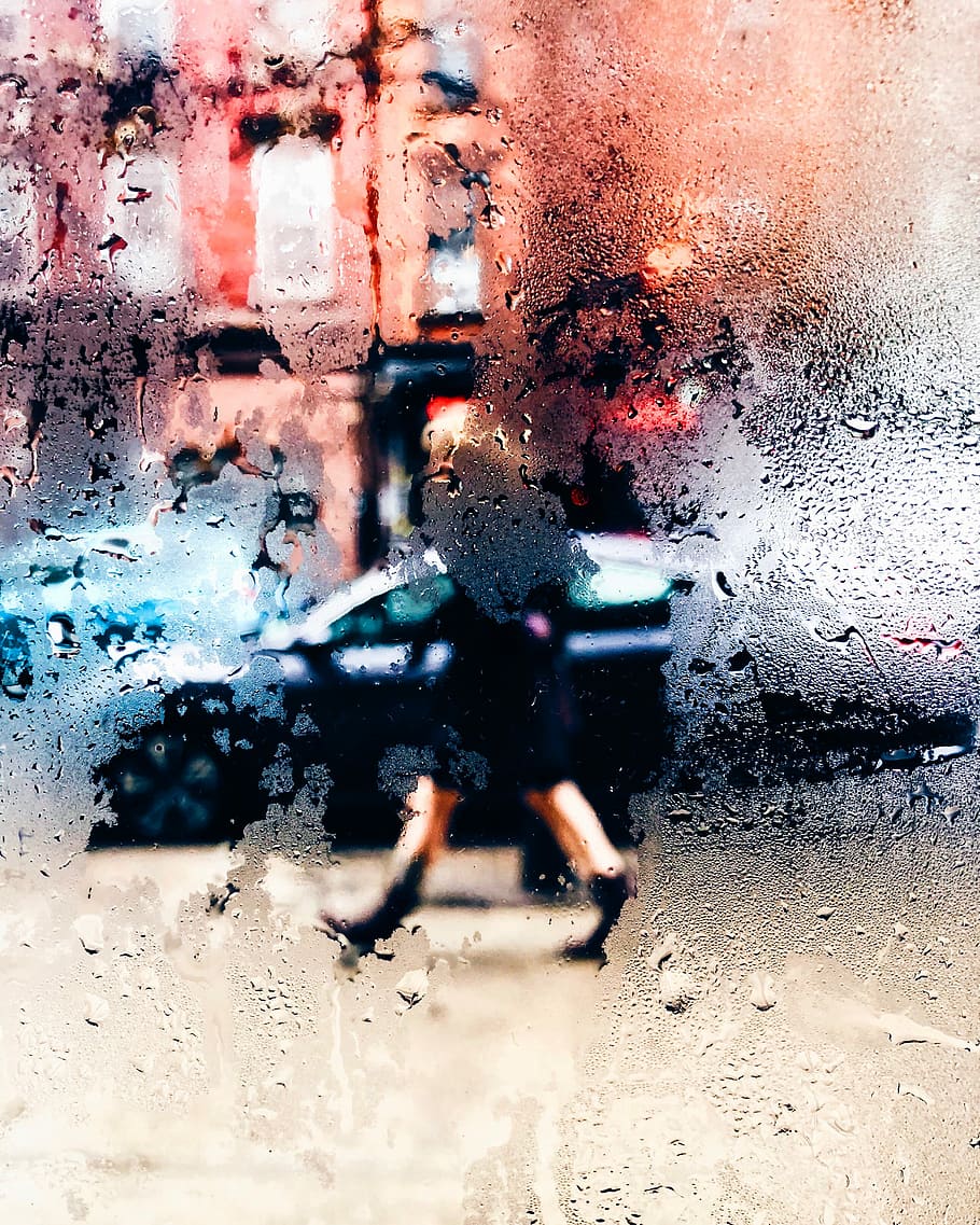 moist glass, street, reflection, rain, urban, walking, person, HD wallpaper