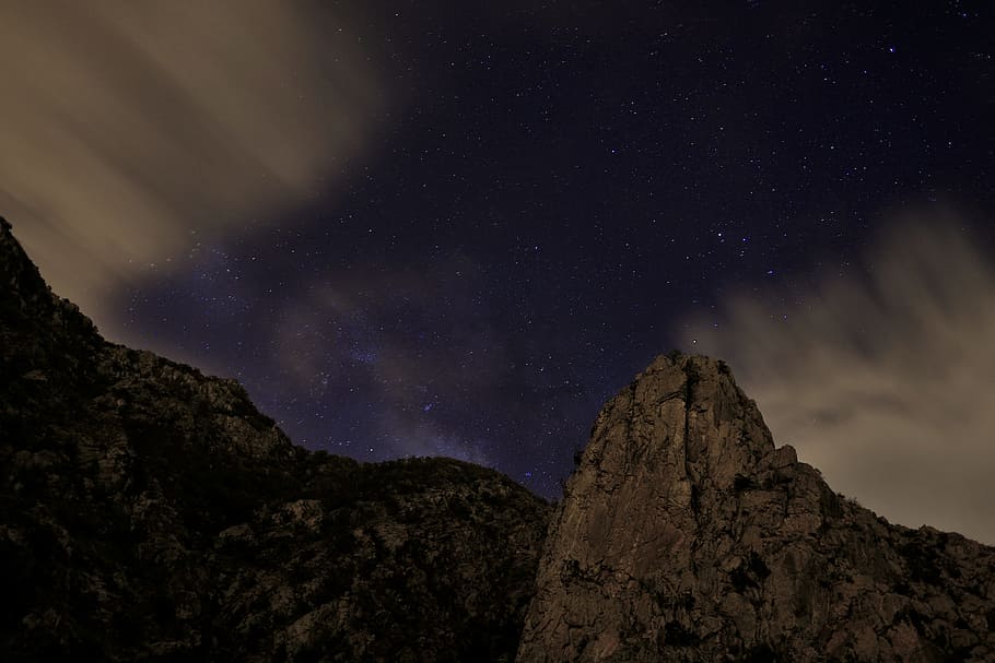 brown mountains during nighttime, untitled, stars, rock, cloud HD wallpaper