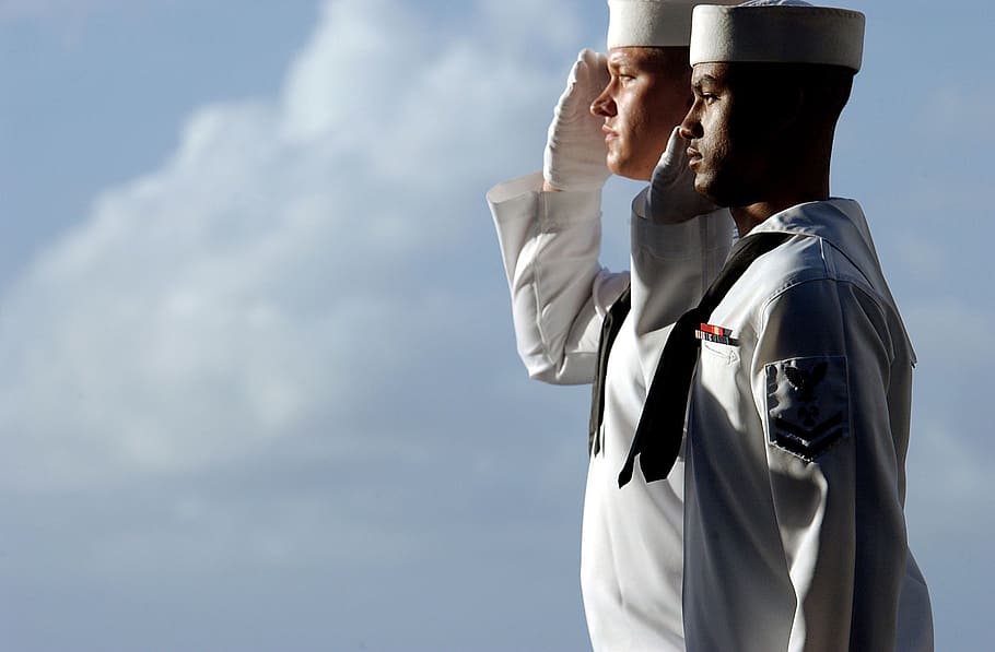 two men wearing white sailing suits, sailors, saluting, isolated HD wallpaper