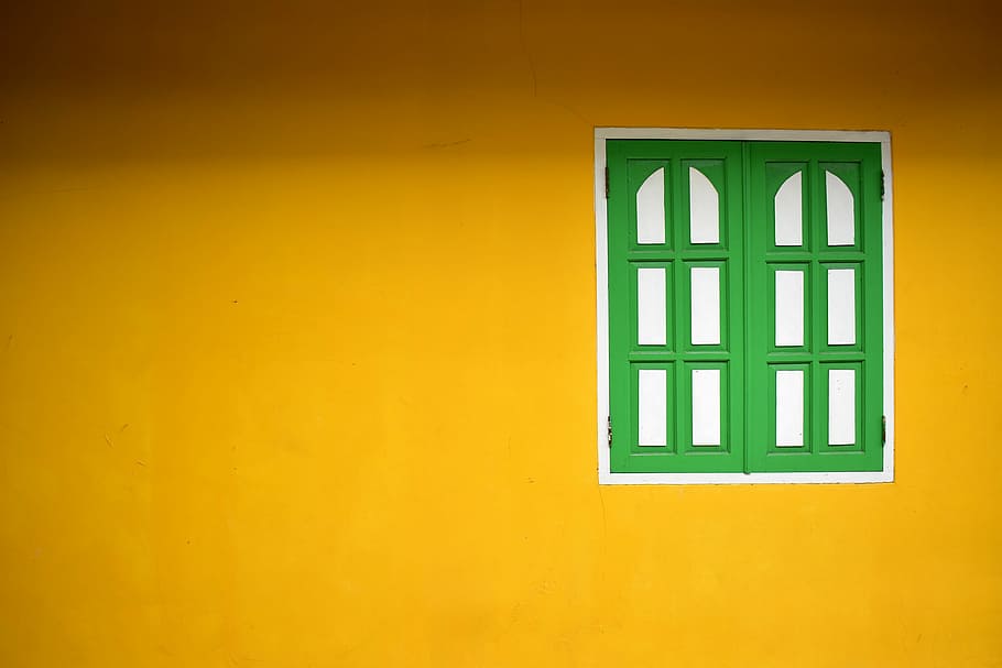 green wooden French window, green wooden side-by-side window frame HD wallpaper
