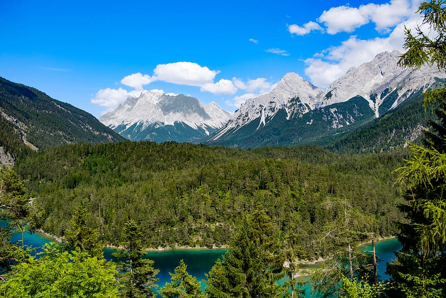 landscape, alpine, mountains, panorama, water, river, zugspitze HD wallpaper
