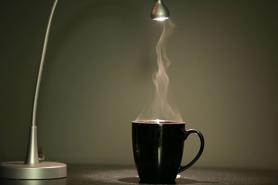 black mug near grey table lamp, steam, coffe, cup, drink, hot