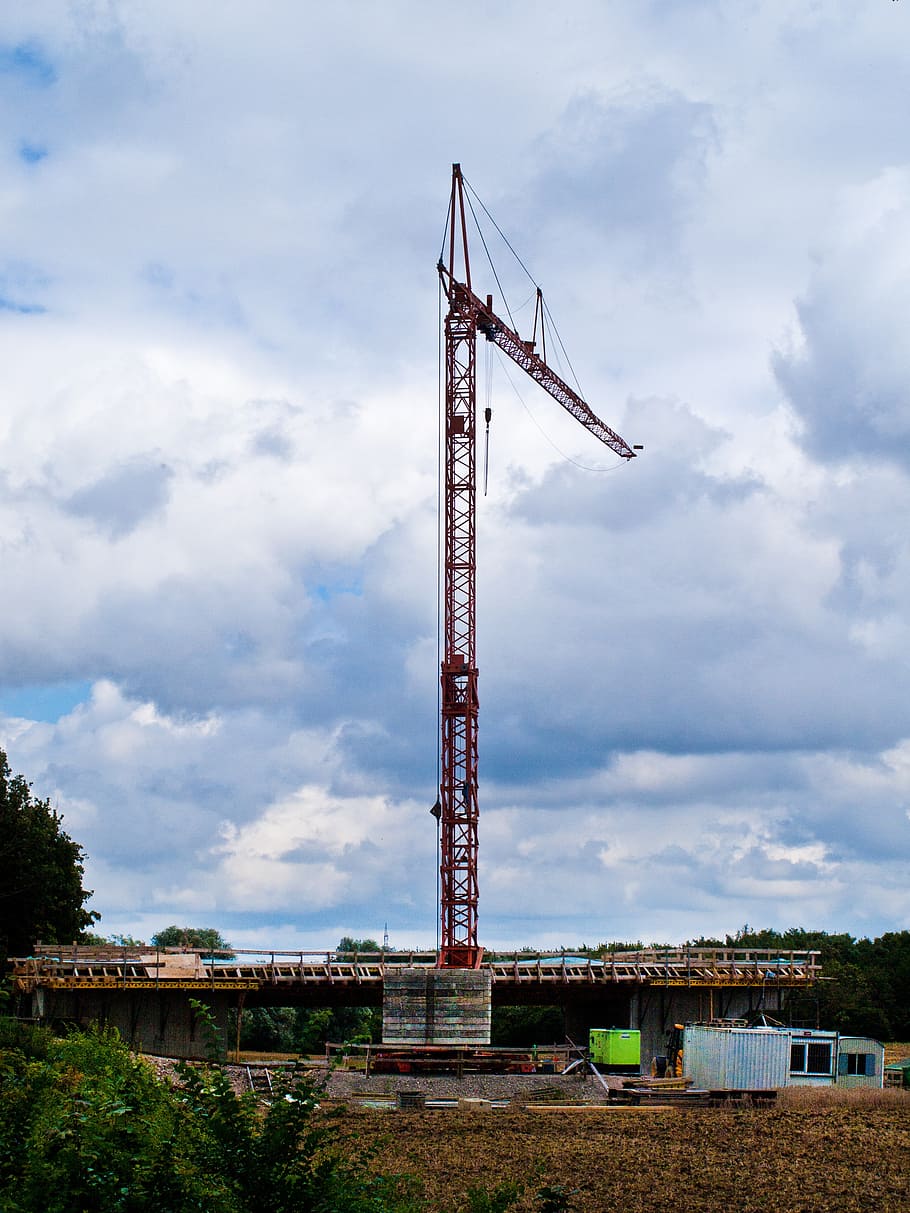 crane, site, clouds, sky, baukran, bridge, stones, cloud - sky HD wallpaper