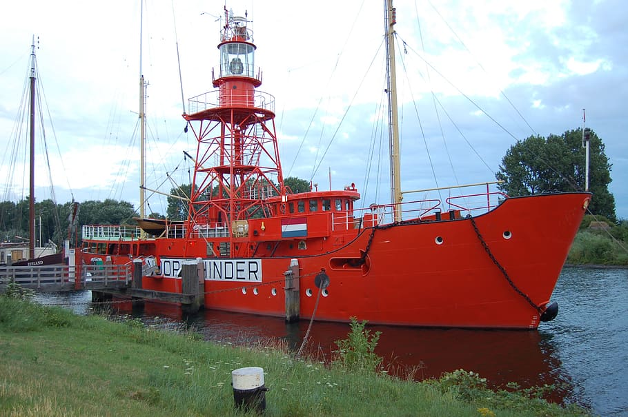 ship, beacon, red, river, port, marina, nautical vessel, transportation HD wallpaper