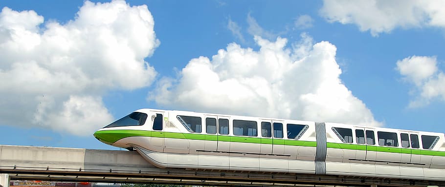 white and green train under cloudy sky at daytime, mono rail HD wallpaper