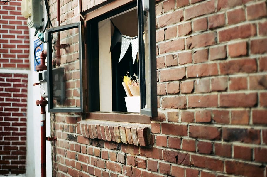 Wall and window, black framed glass opened window, brick, brick Wall HD wallpaper