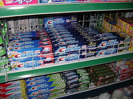 Crest toothpaste boxes, china, store, rack, shelf, retail, shop HD wallpaper