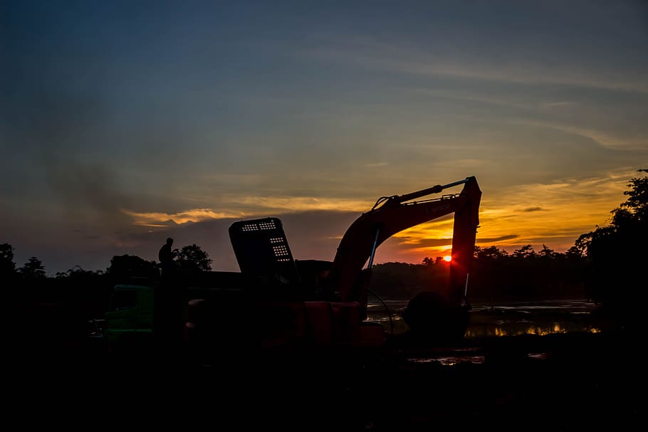excavator, project, sunset, sky, cloud - sky, silhouette, nature HD wallpaper