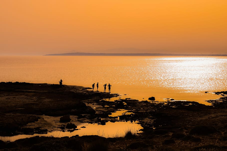 silhouette of people walking on shore, sunset, dusk, evening HD wallpaper