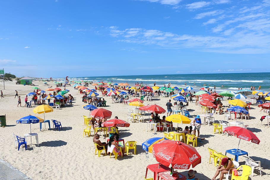 beach, summer, umbrella, colors, people, harness, coast, heat HD wallpaper