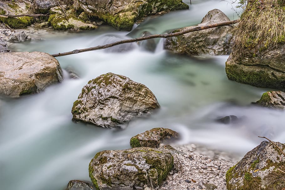 ramsauer ache, water, river, long exposure, rock, wood, floor HD wallpaper