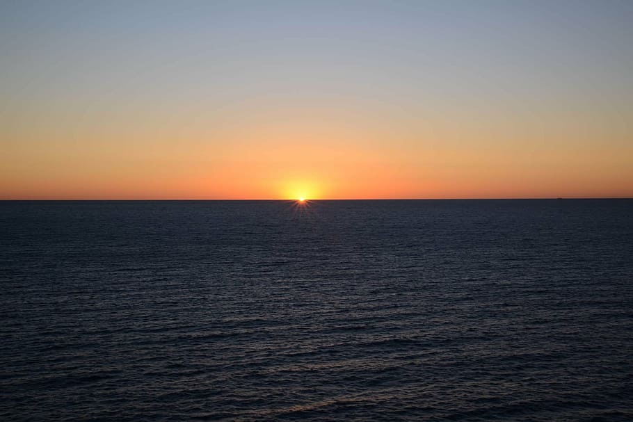 sea with sunset background, sunrise, cloudless, ocean, orange HD wallpaper