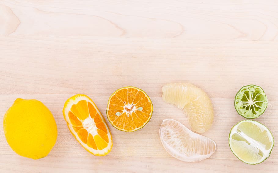 lemons on beige surface, background, beverage, breakfast, citrus HD wallpaper