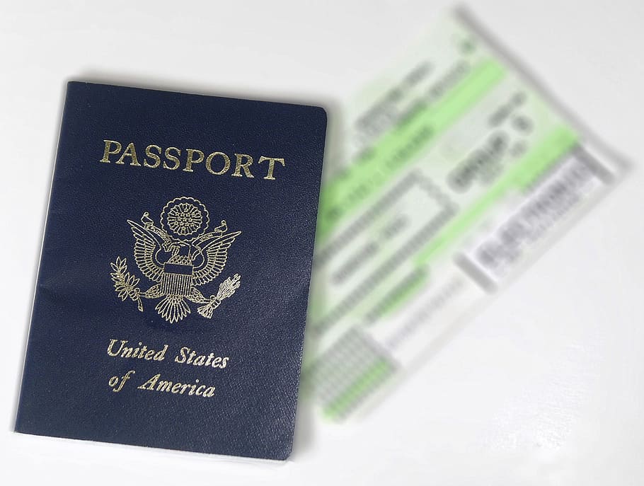 blue USA Passport book, ticket, flight, travel, tourism, vacation