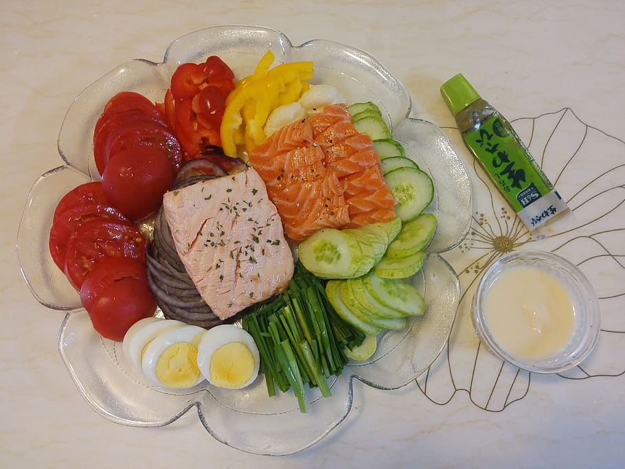 salmon, salad, midnight snack, food, food and drink, healthy eating HD wallpaper