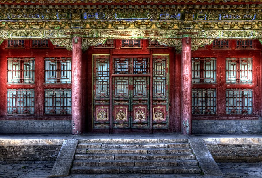 red and brown temple, China, Forbidden City, Pekin, Door, beijing