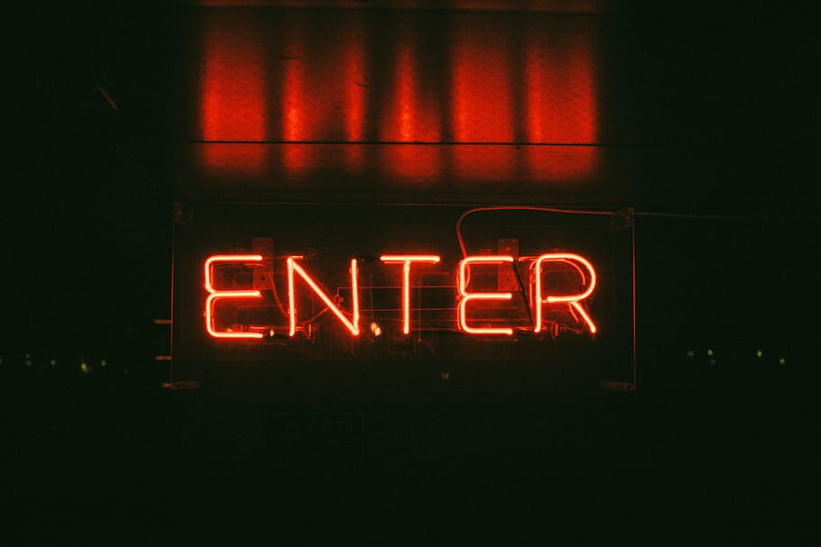 red Enter neon signage, Enter neon sing, may, come, glow, reflection