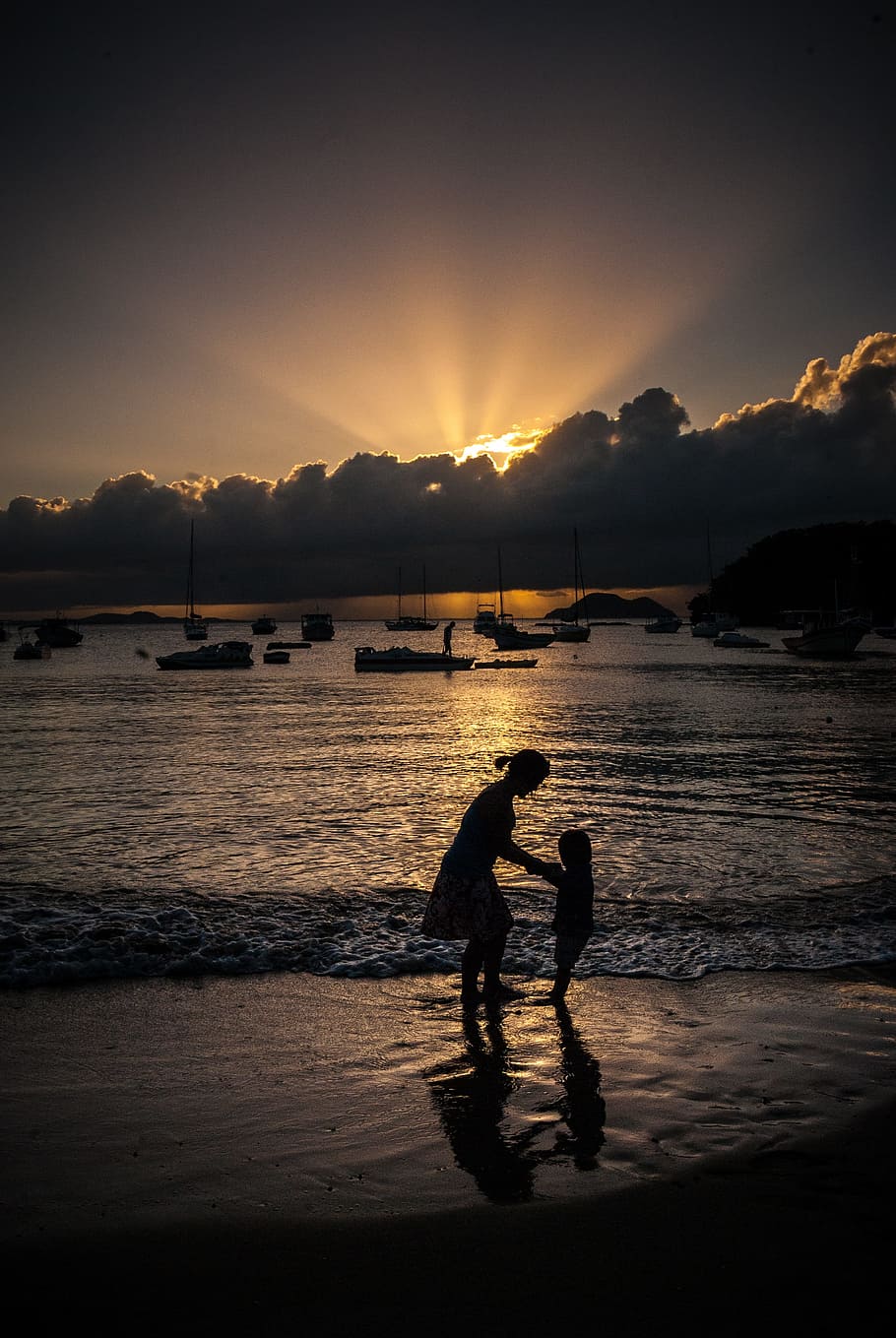 Sunset, Beach, Peaceful, beach sunset, silhouette, two people HD wallpaper