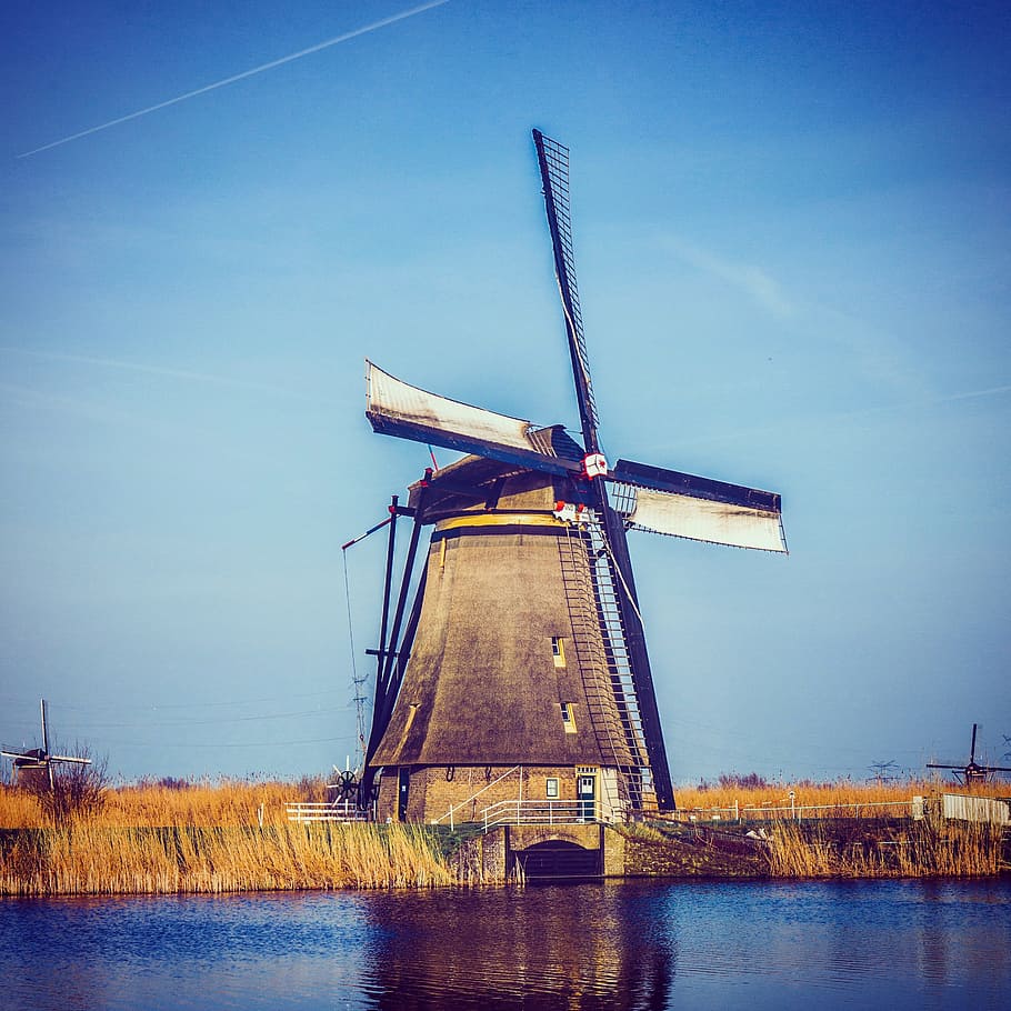 windmill, waters, grinding, sky, wind power, wind turbine, fuel and power generation HD wallpaper