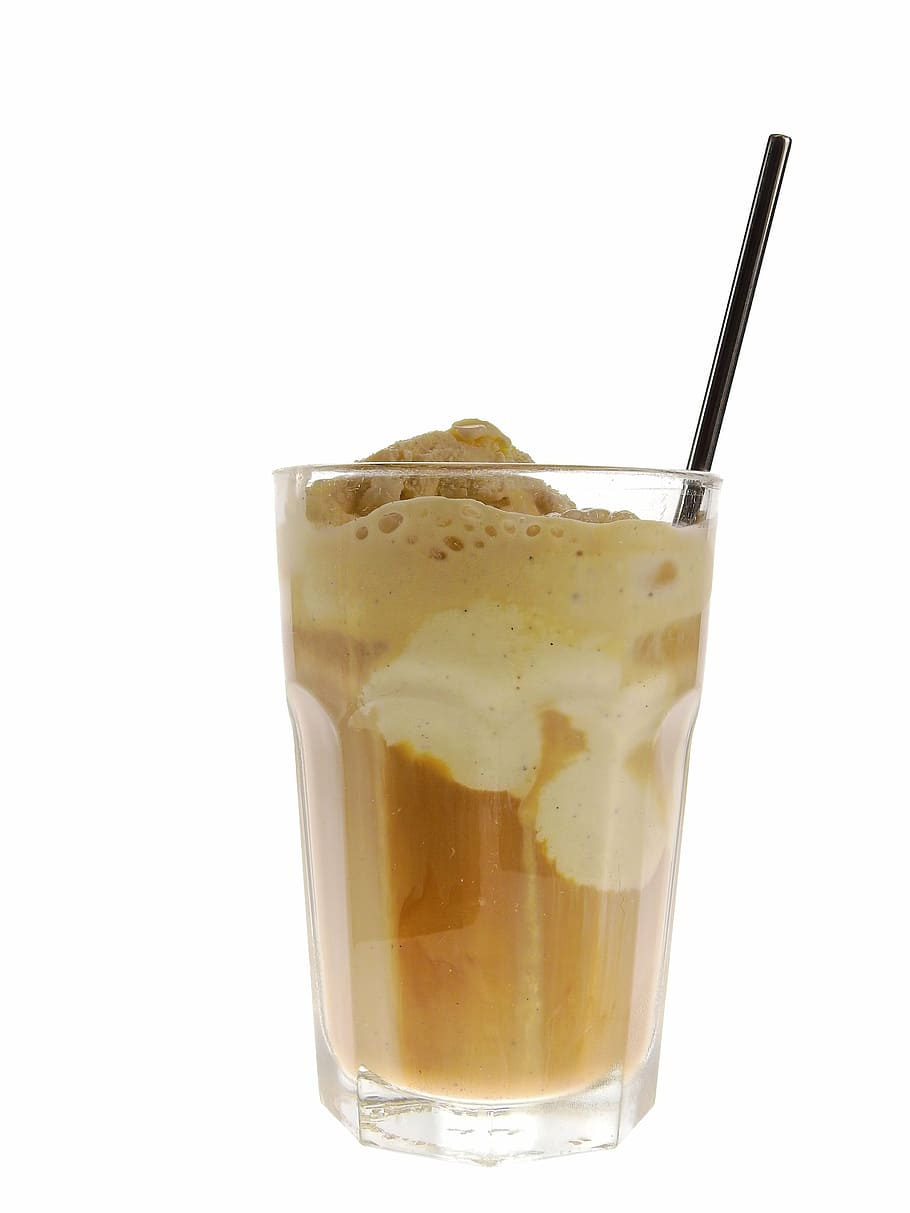 black straw in drinking glass, ice, coffee, eiscafe, iced coffee HD wallpaper