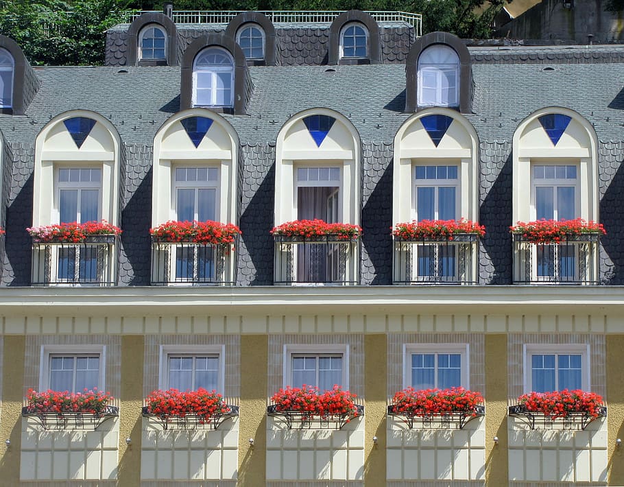 Architecture, Facade, Balconies, Flowers, hotel, windows, repetition HD wallpaper