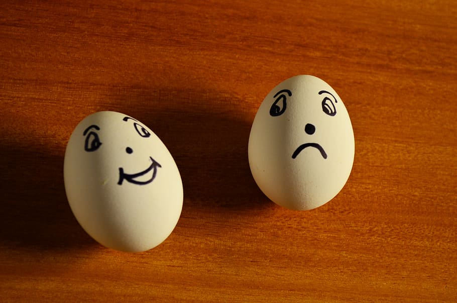 two white eggs on brown surface, expression, happy, sad, emoticons HD wallpaper