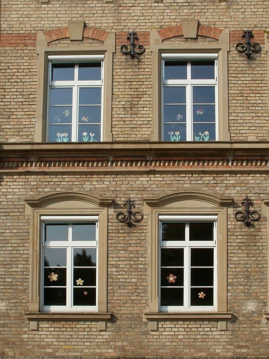 windows, facade, goetheschule, kirrlach, building, architecture HD wallpaper