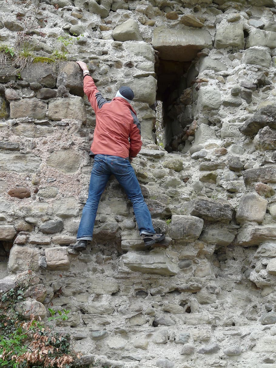 climb, castle, ruin, climber, stones, human, person, keep, access HD wallpaper