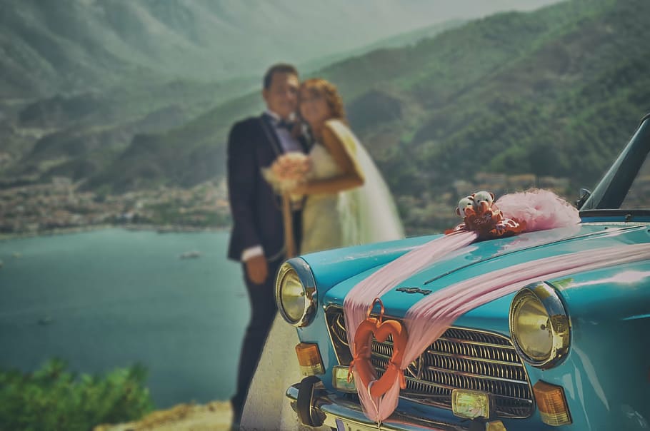 bride groom, marriage, fethiye, car, retro, landscape, men, outdoors, HD wallpaper